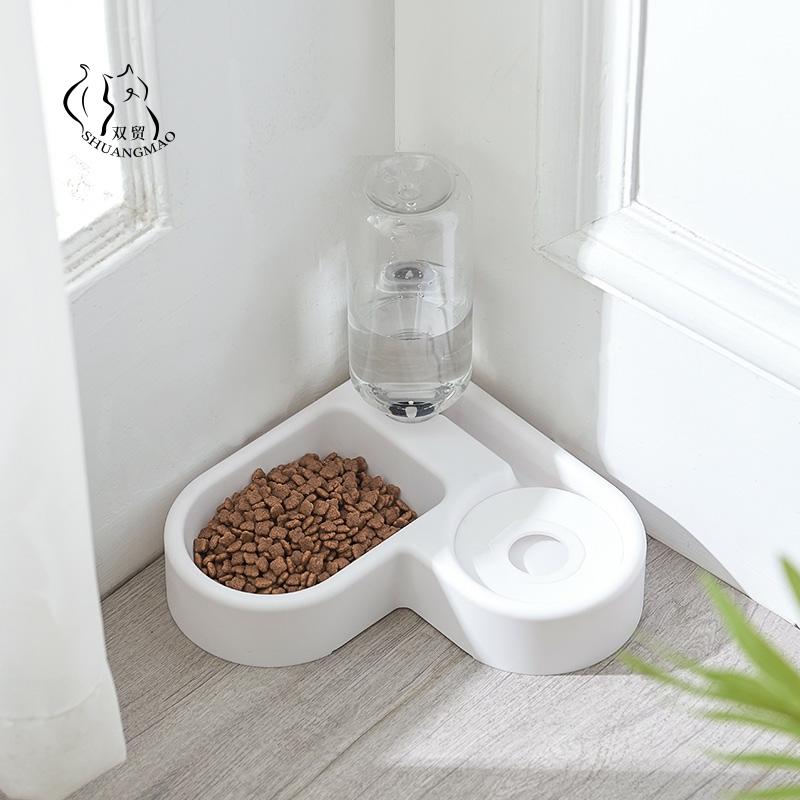 Pet Cat Feeder Bowl Dog Automatic Water Double Bowls Food Wall Corner Save Space Cats 500ml Bottle Drinking Kitten Dogs Products